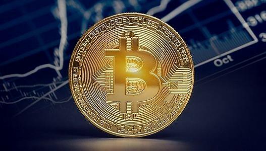 Bitcoin symbol overlaying a silhouette of mining hardware in operation